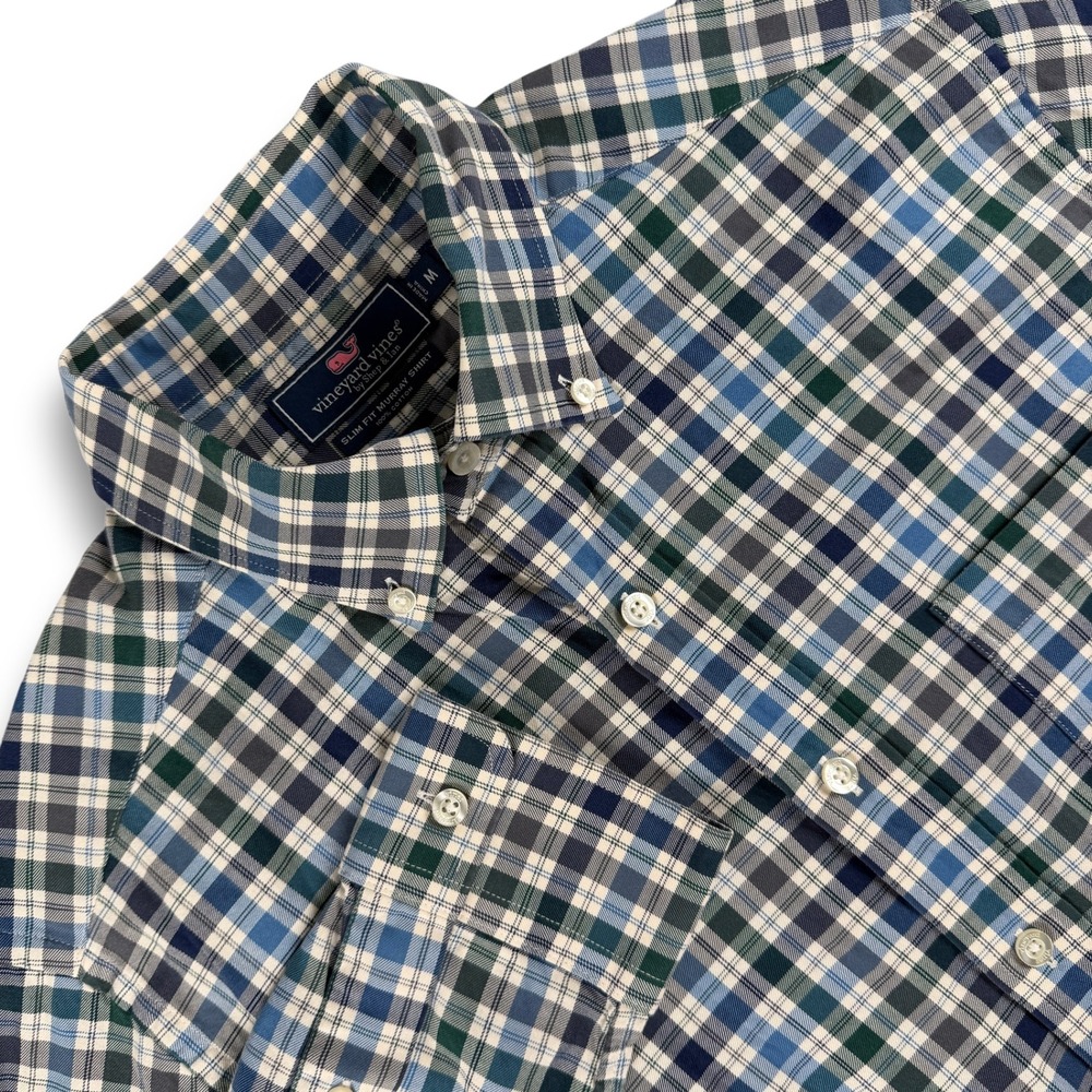 Vineyard Vines Slim Fit Murray Shirt Men M Blue Green Plaid Buttoned Long Sleeve